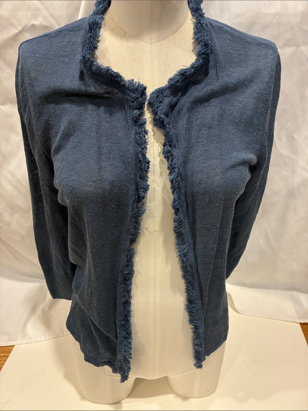 NIC+ZOE Cardigan Frayed-Trim Open Front Cardigan - Blue Linen/ Viscose Blend MED - Picture 2 of 15